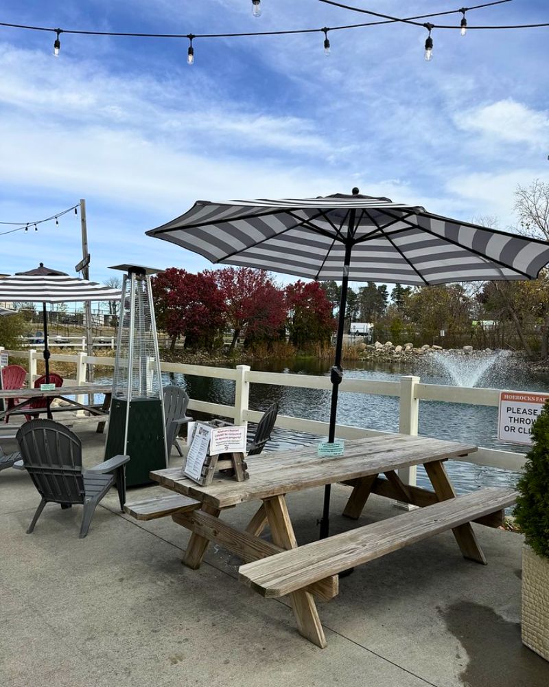 Horrocks lansing beer garden table and fire lamp by pond